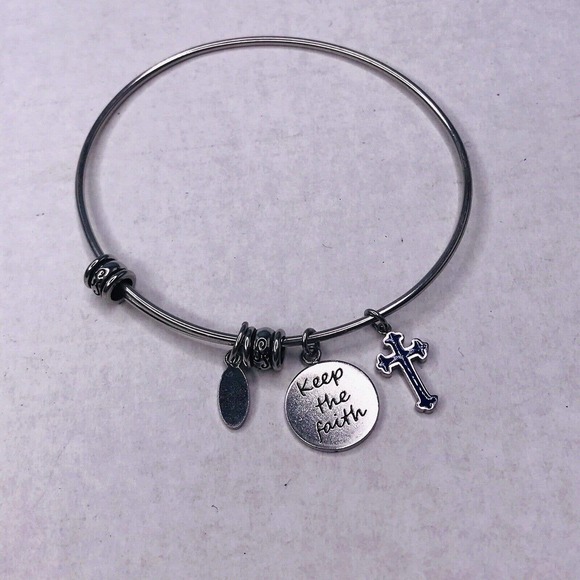 Hallmark Celebrate Life Bangle Bracelet Silver Tone Cross Charms Blue Enamel - Picture 1 of 7